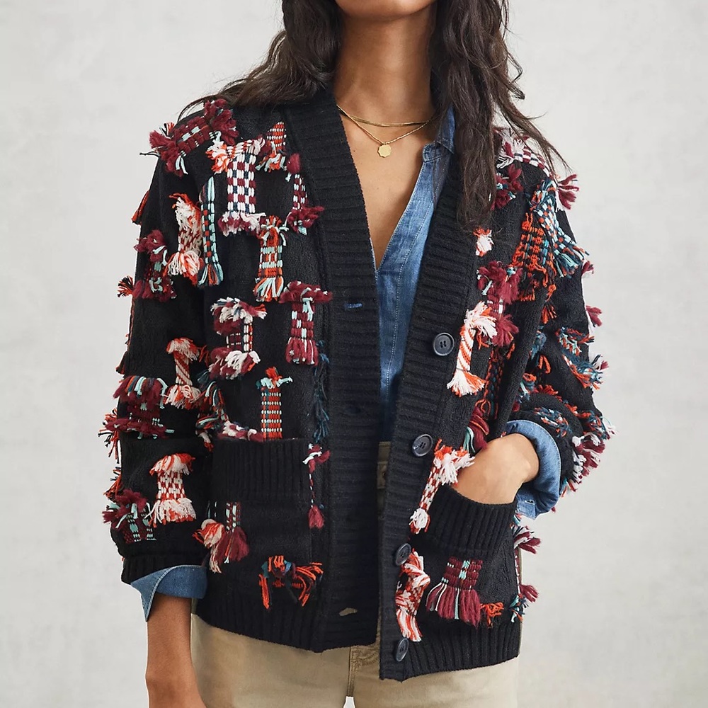 NEW! Anthropologie Felia Fringed Patchwork Cardigan